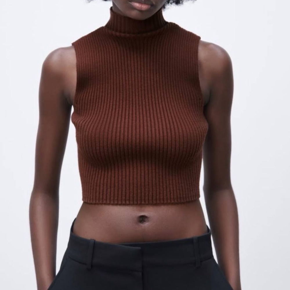 ZARA RIBBED KNIT TOP BROWN